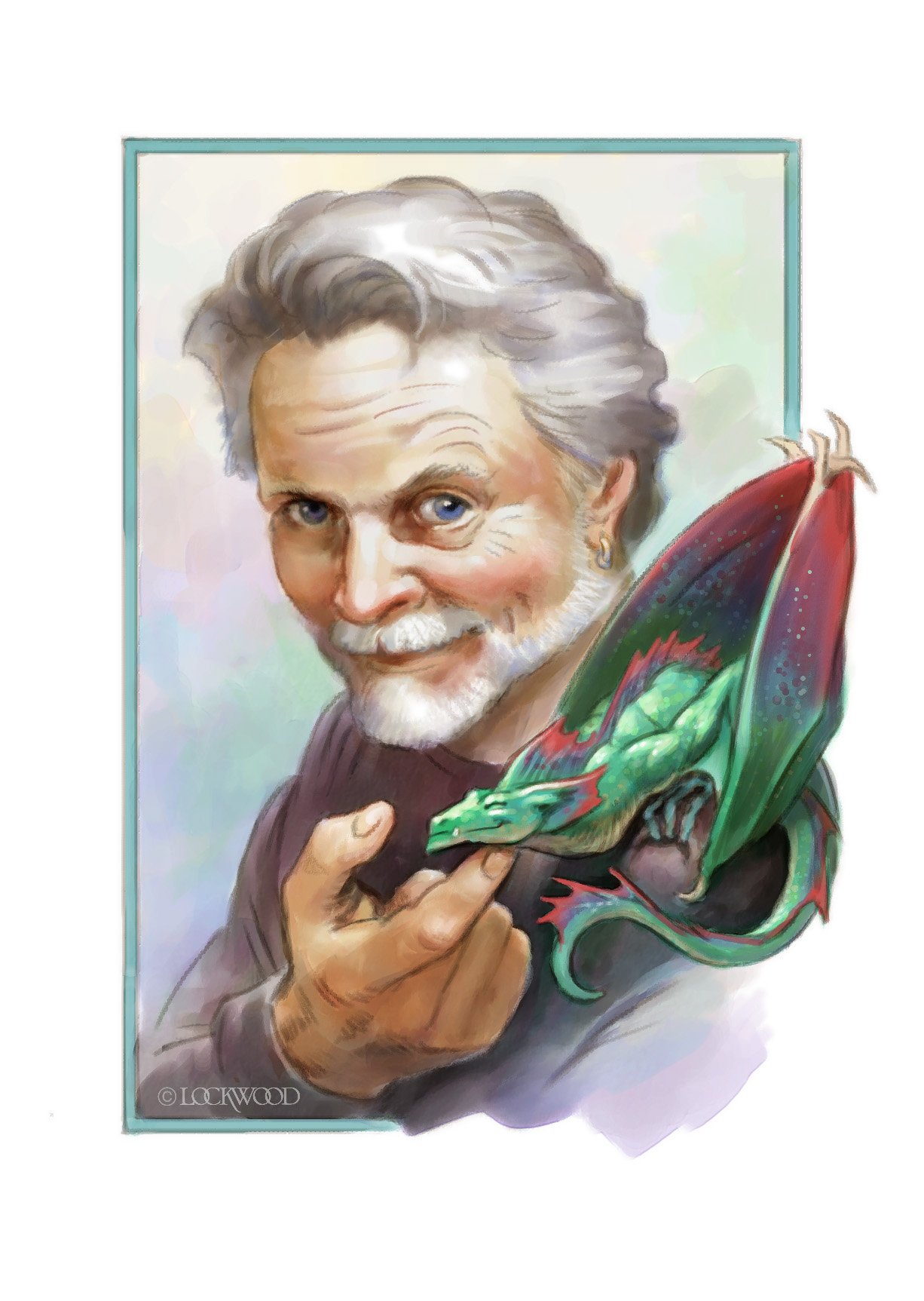 A detailed digital painting of an elderly man with gray hair, blue eyes, and a white beard, holding a vibrant, realistic green and red dragon head ornament.
