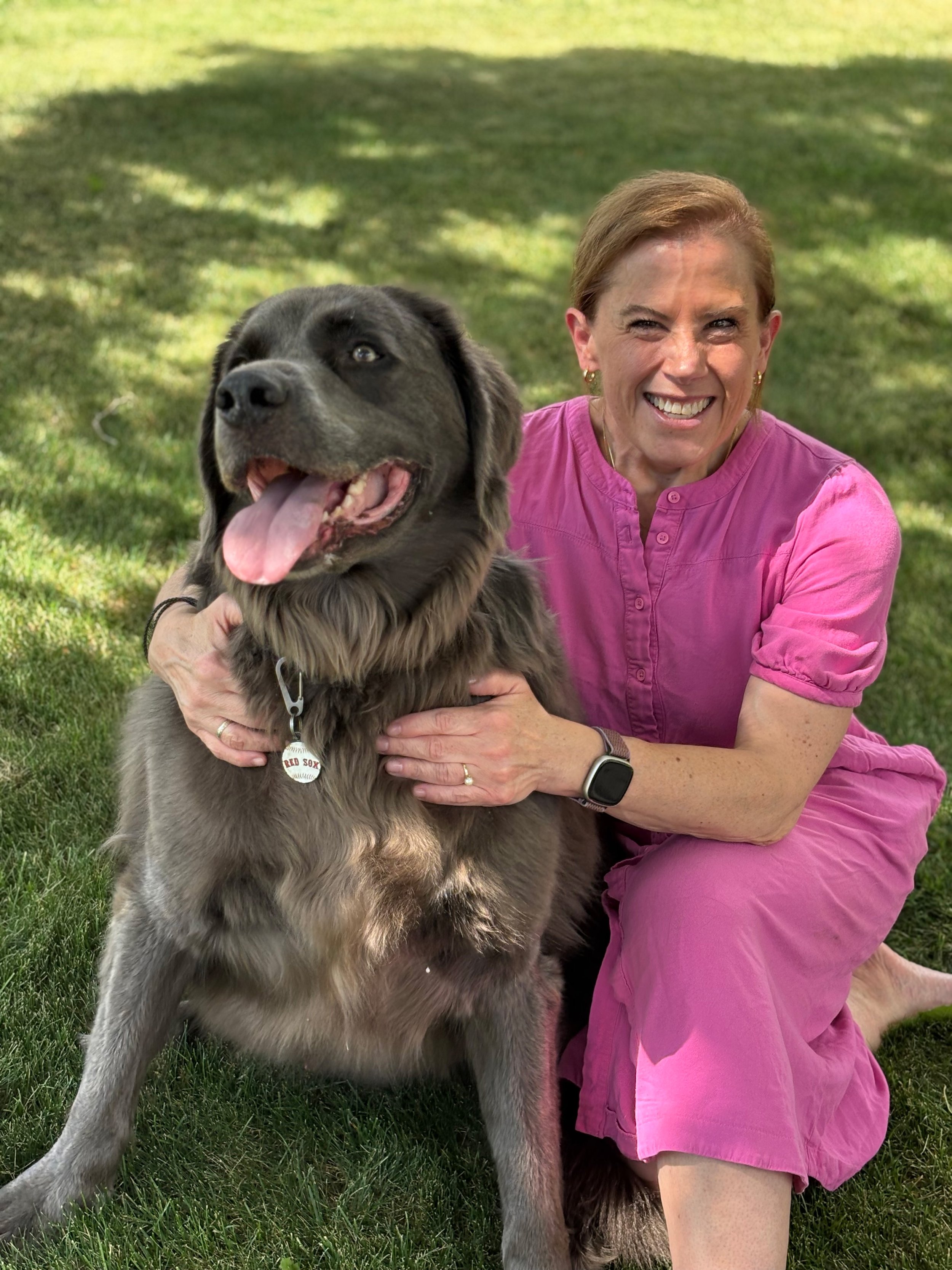 A woman in a pink dress sitting on grass with a large, happy gray dog with a 'Red Sox' tag, smiling, outdoors on a sunny day.