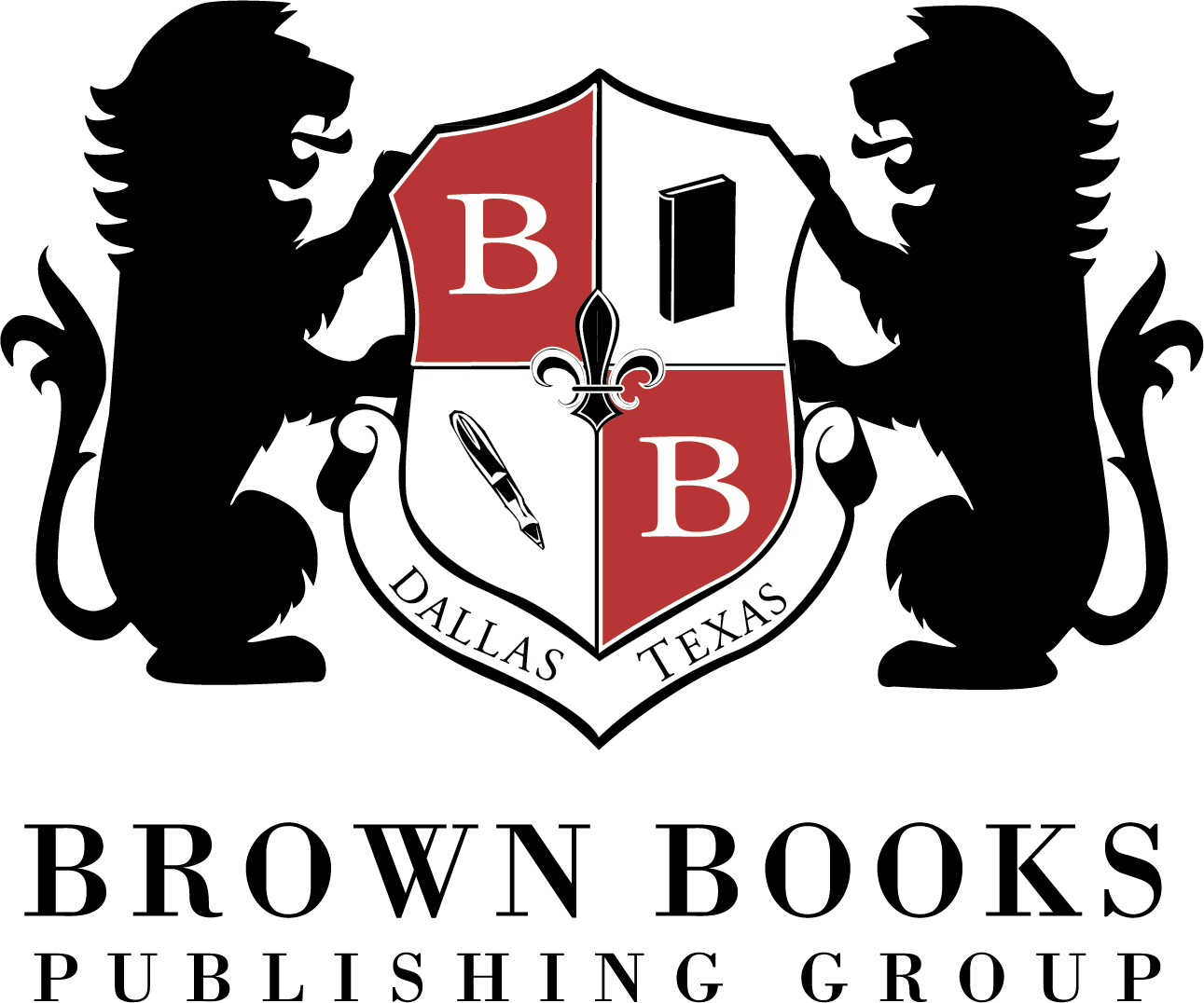 A crest with four quadrants, featuring the letter B, a book, a fountain pen, and a quill, with text "Dallas Texas" underneath, set against a black background.