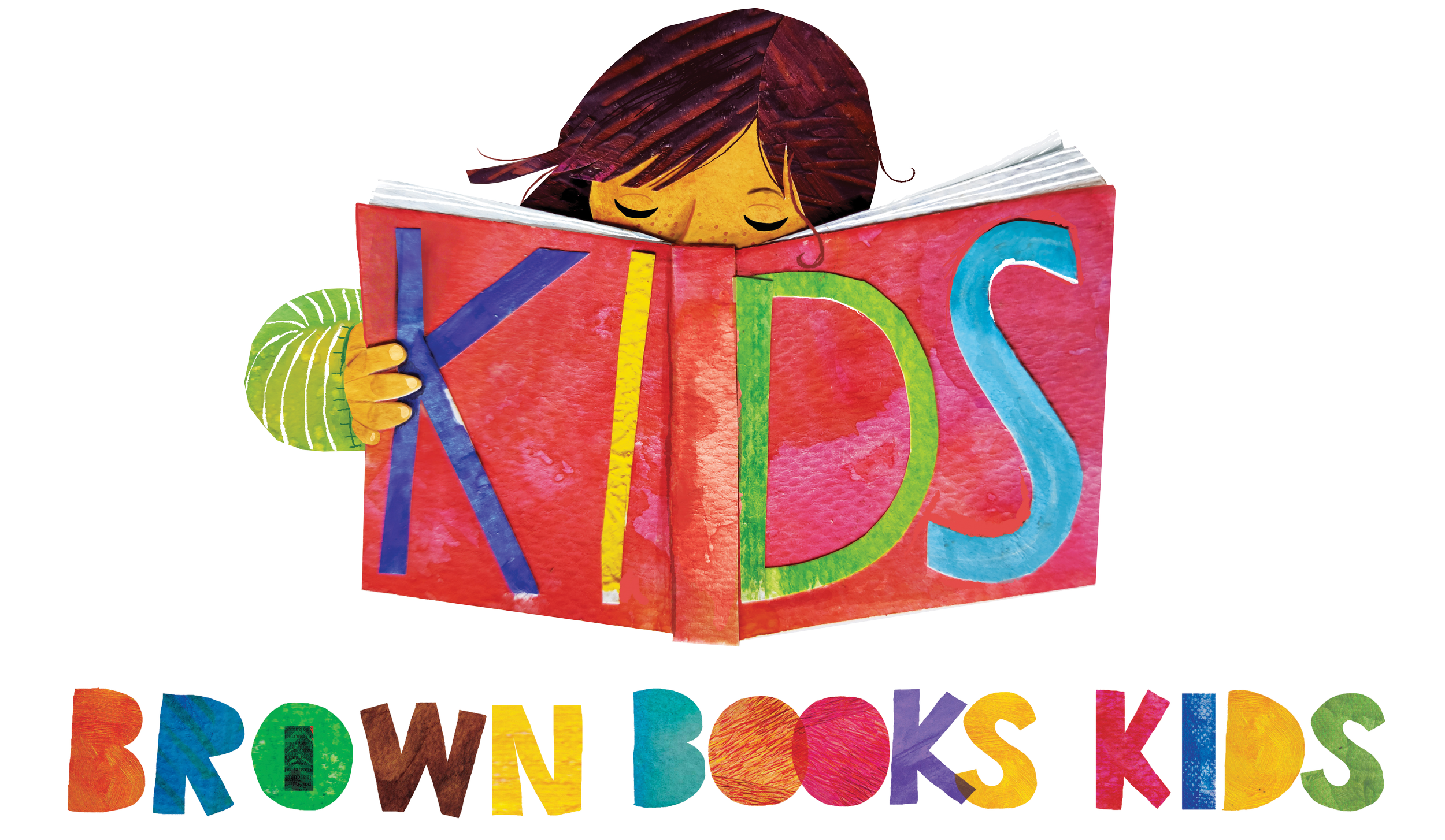 A young girl with brown hair reading a large, colorful book with the word "KIDS" on the cover, and the subtitle "BROWNSKIDS" beneath it.