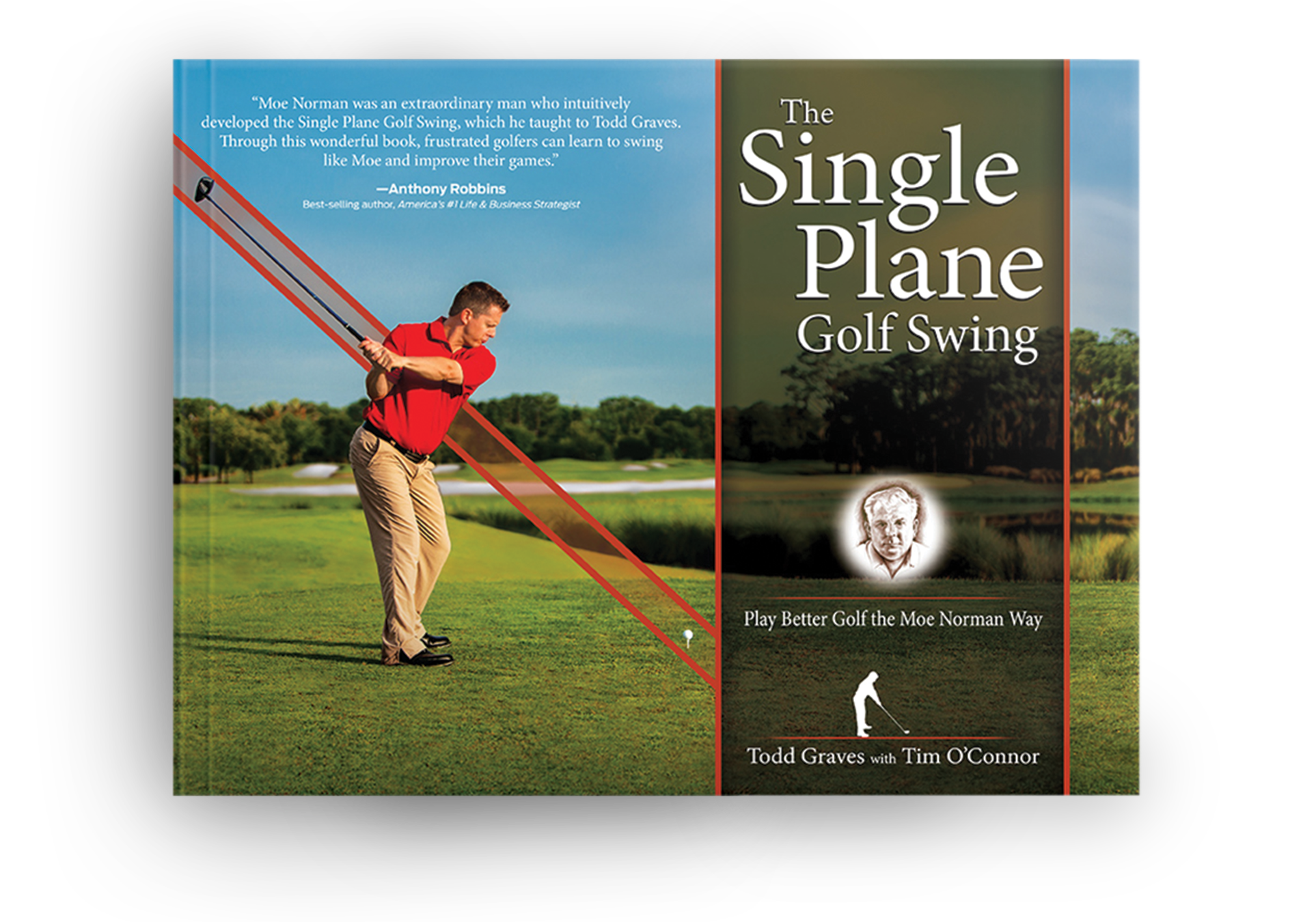Book cover titled 'The Single Plane Golf Swing' by Todd Graves with Tim O'Connor, featuring a man in red shirt and khaki pants on a golf course, with a diagram showing the swing path.
