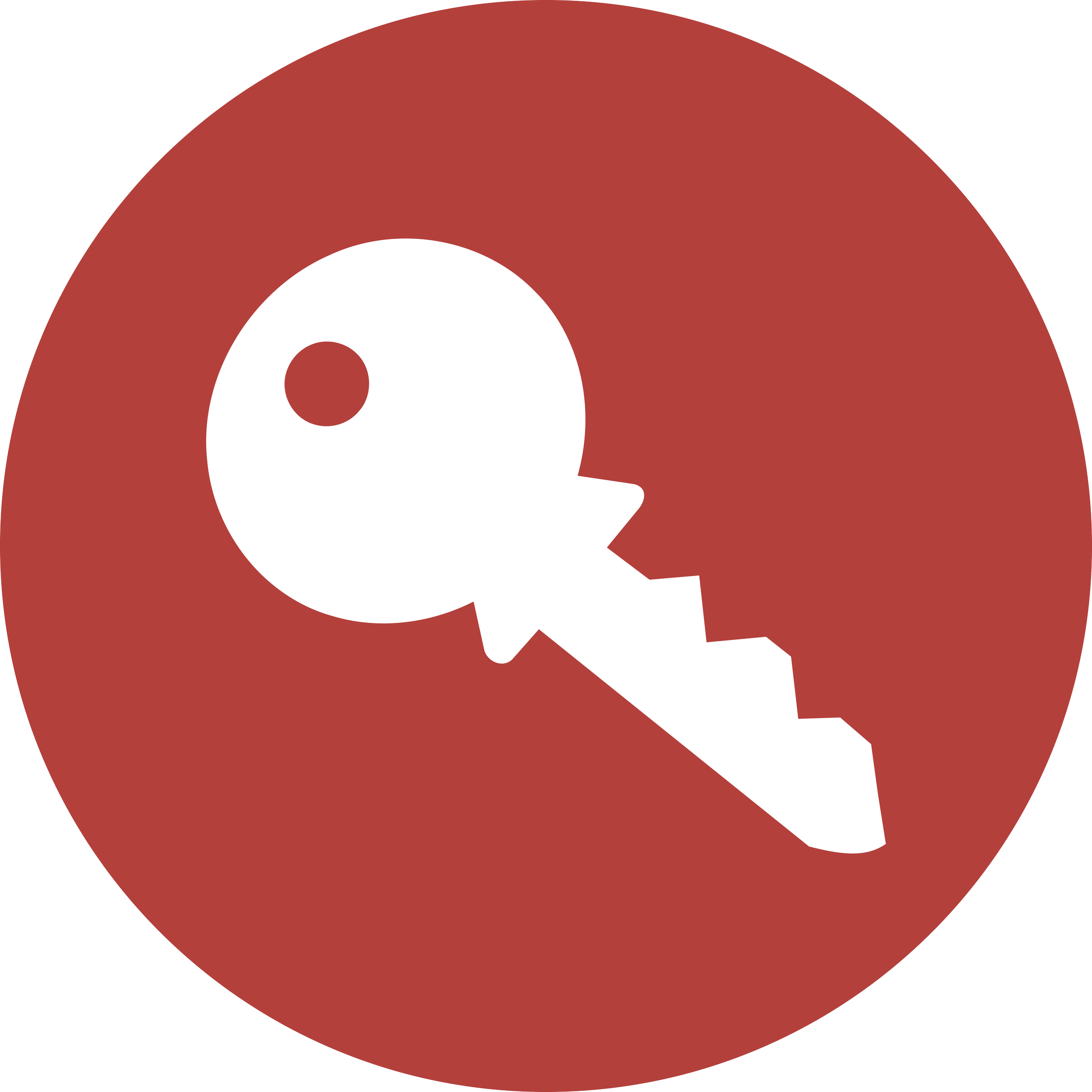 White key with broken teeth on a red circular background.