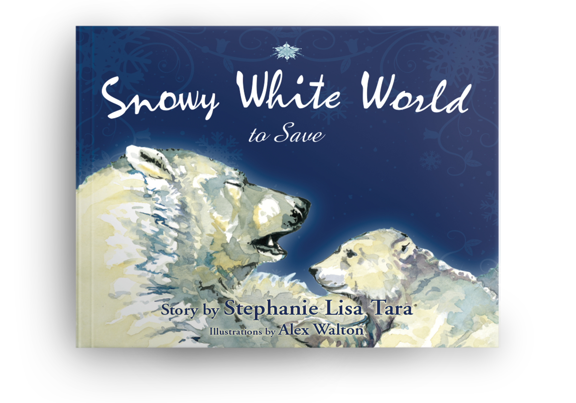 Book cover titled "Snowy White World to Save" featuring an illustration of two polar bears, an adult and a cub, on a snowy background with winter-themed decorative elements.