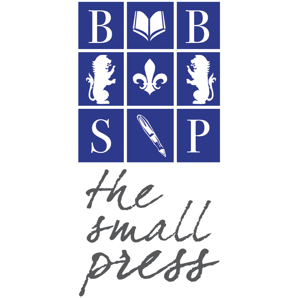 Blue logo with nine squares arranged in a 3x3 grid, containing letters, symbols, and images, with the text 'the small press' written below in a handwritten style.